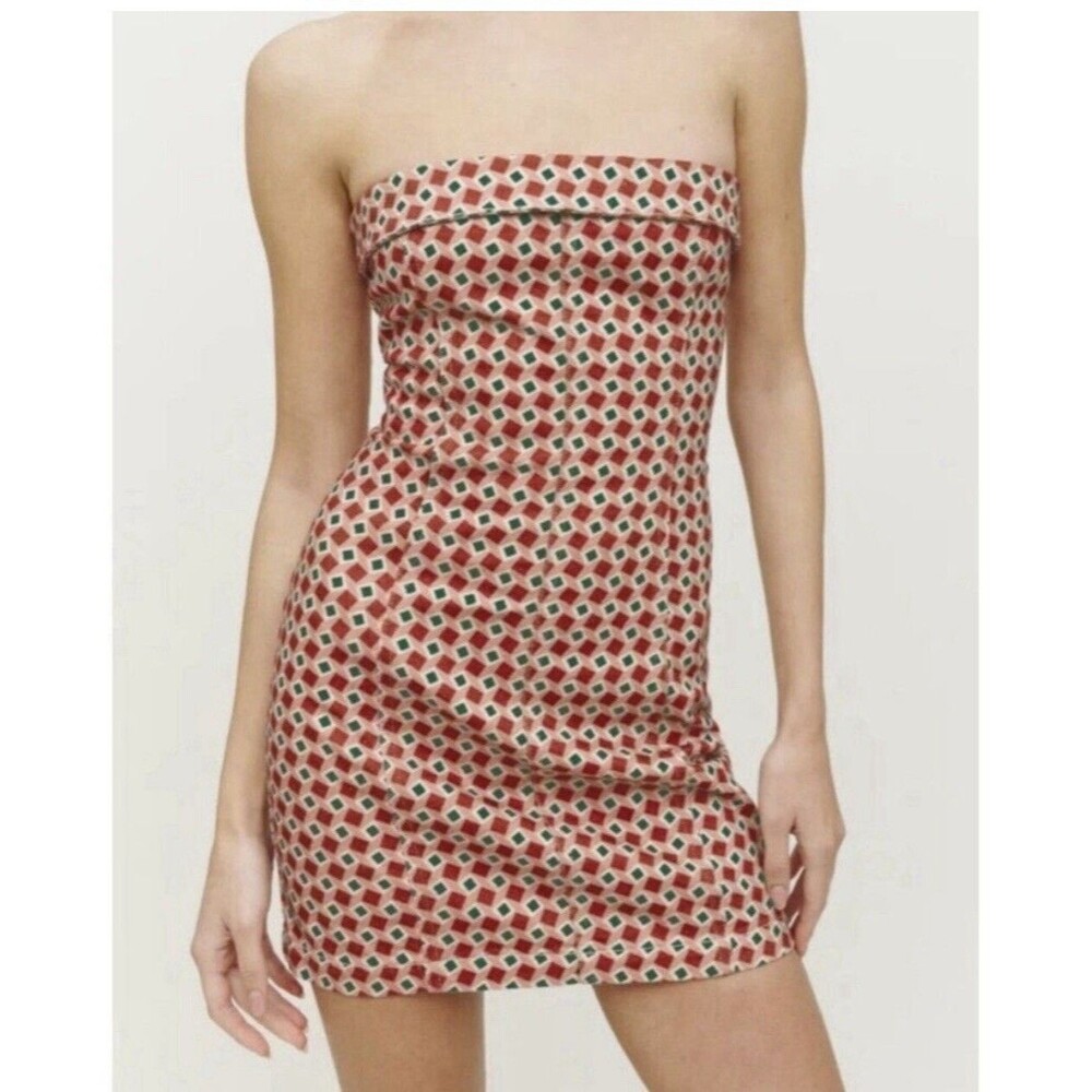 Reformation Dress Madilyn Denim Mini Geometric Strapless Size 8 READ
